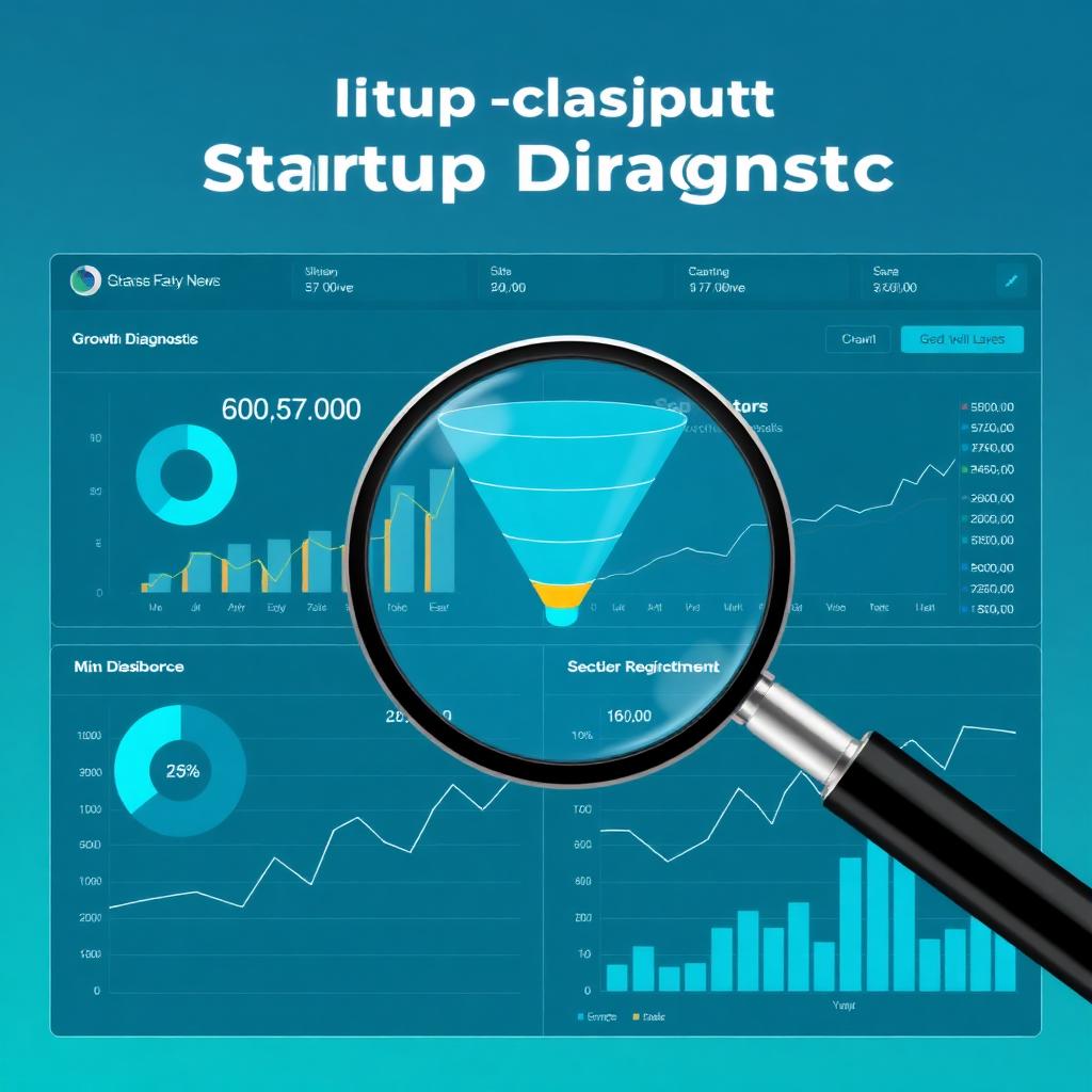 Diagnostic dashboard with funnel and magnifying glass over startup metrics