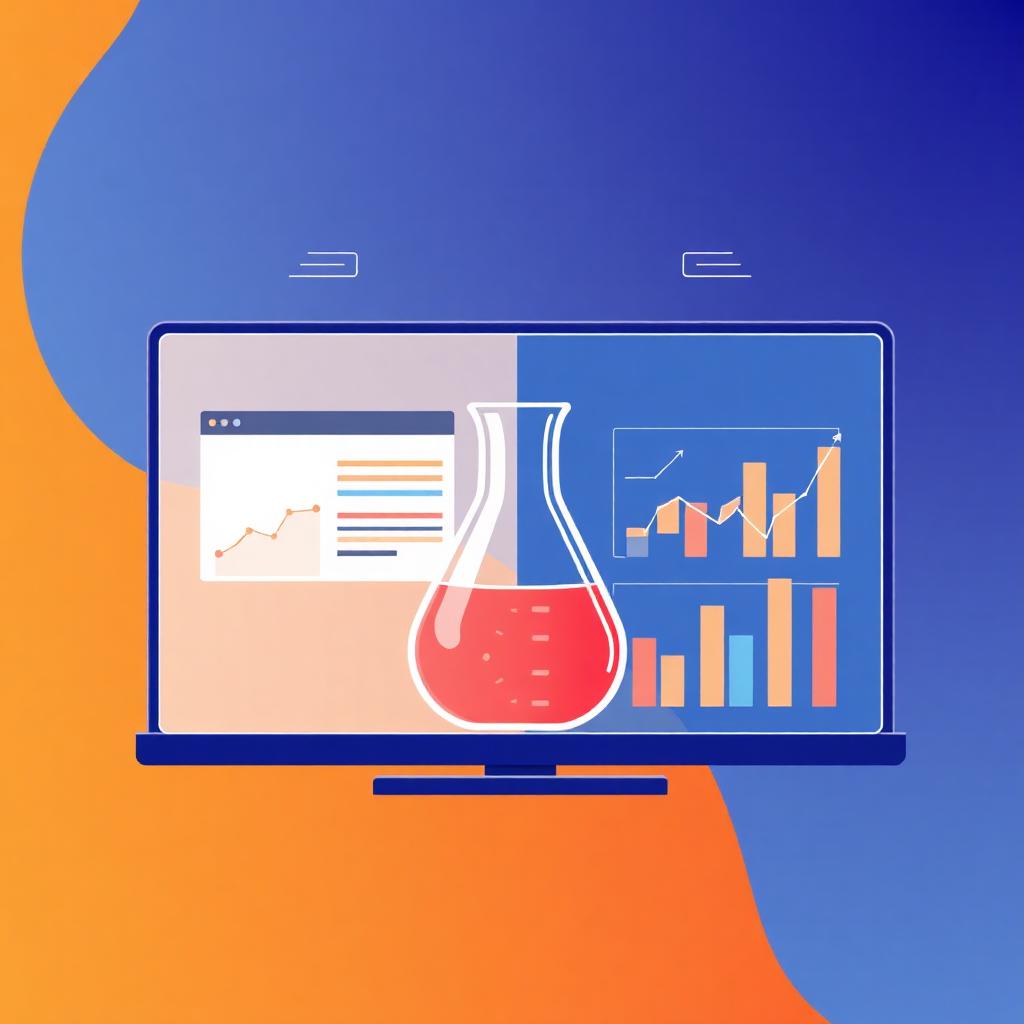 Split screen A/B test with a beaker and charts showing experiment results