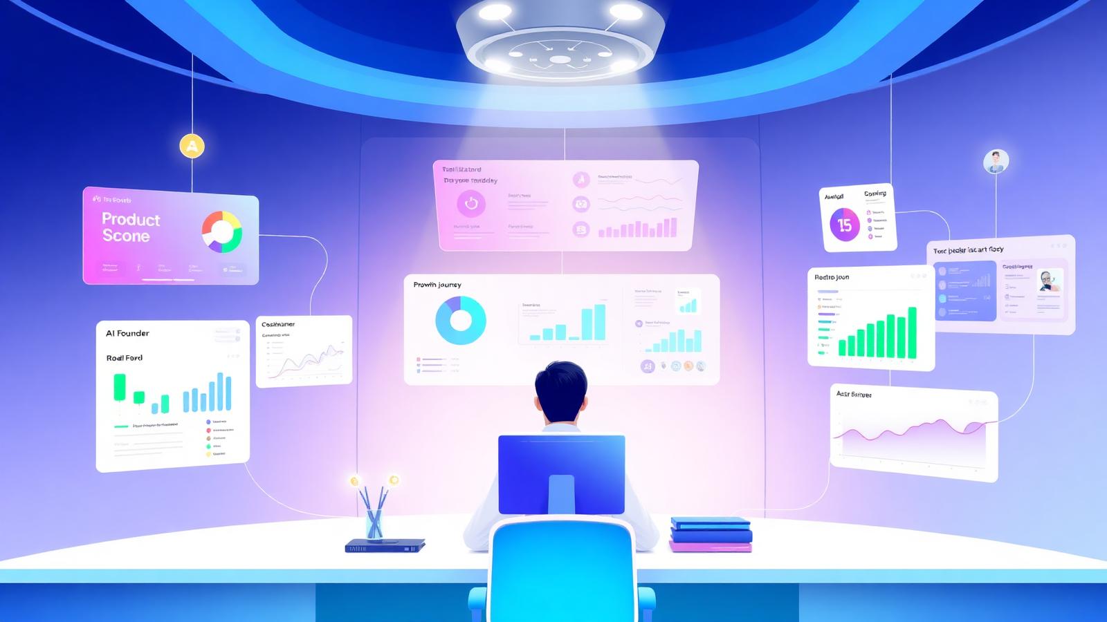 Founder inside an AI command center with dashboards for Product Score, Growth Journey, Snapshot and analytics connected by glowing lines