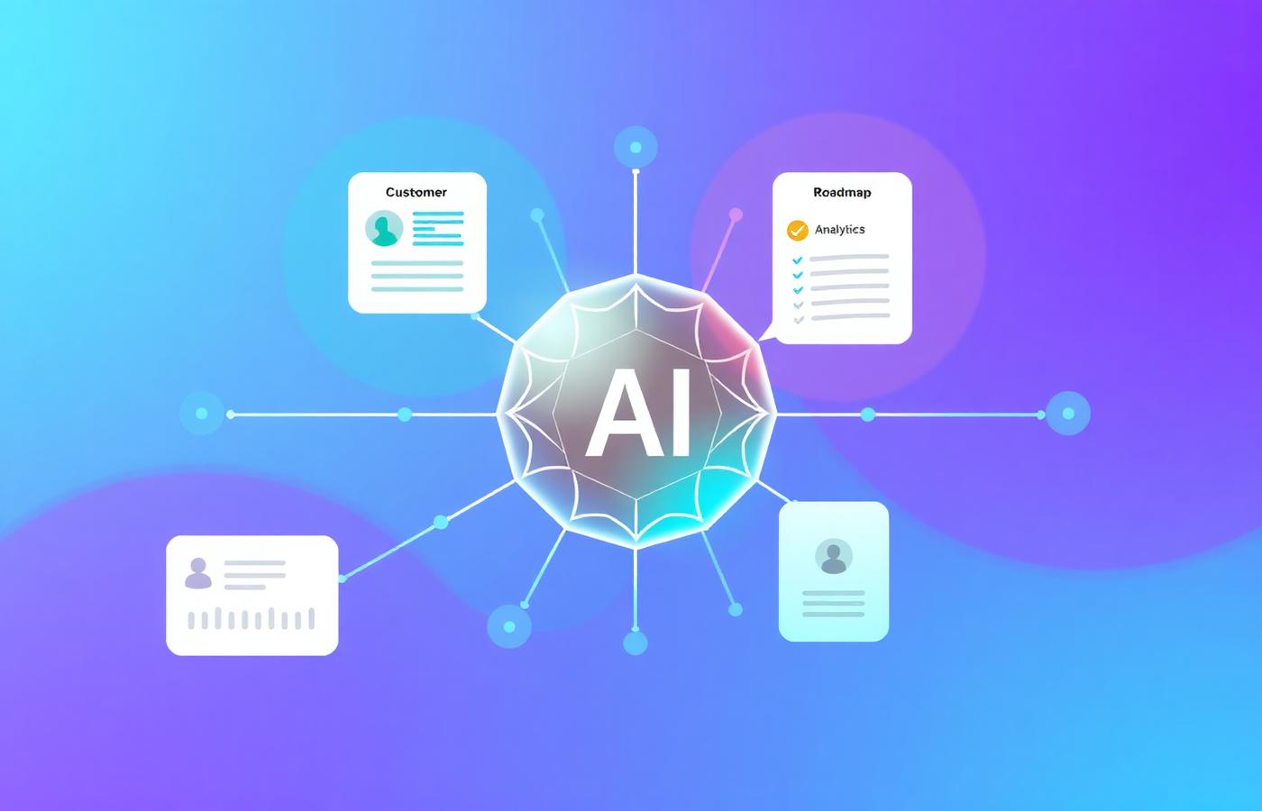 AI analyzing customer feedback, website, competitors, SEO and roadmap with recommendation cards