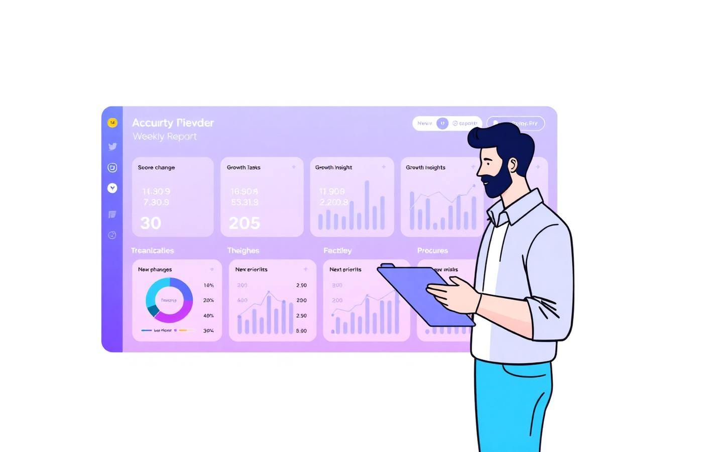 Founder reviewing a weekly report dashboard with score changes and next priorities